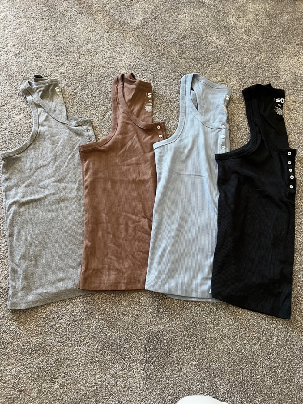 Set of 4 SO Ribbed Snap-Shoulder Tank Top — Gray, Brown, Light Blue & Black